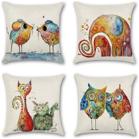 Lot de 4 taies oreiller 45 x 45 cm polyester et lin taie oreiller voiture décorative canapé taies oreiller déco (animaux de dessin animé) (1/5)