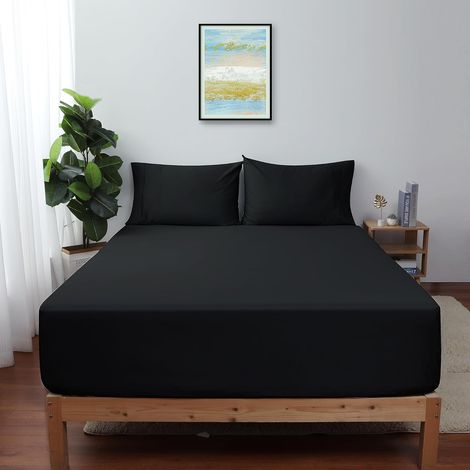 Lenzuolo con angoli king size nero, 100% cotone, 600 fili, tasca profonda 40 cm, lenzuolo per materasso in cotone di alta qualità (solo 1 lenzuolo con angoli) (1/5)