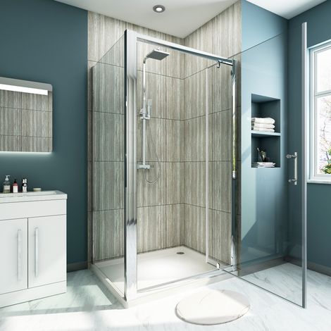 ELEGANT 6mm Safety Glass 1000 x 700mm Pivot Shower Door Side Panel Shower Enclosure with Shower Tray (1/5)