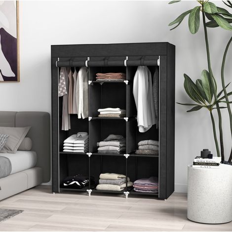 Stoffschrank schwarz mit 8 Ablagen und 2 Kleiderstangen, 125 x 43 x 162,5 cm (1/5)