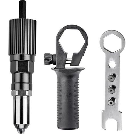 Adaptateur de rivetage pour perceuse sans fil, kit avec arbre hexagonal et 4 buses de 2,4 à 4,8 mm, pince à riveter professionnelle pour perceuse, noir (1/5)