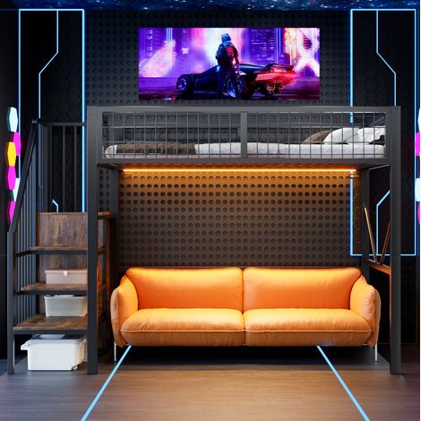 Hochbett 90x200 cm Metall schwarz, Stauraumtreppe, LED, ohne Matratze – MEUBLIV (1/5)