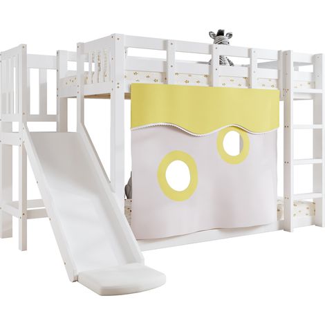 CHICFURN Litera infantil 90x200 cm blanca de MDF y pino con tobogán y cortinas (1/5)
