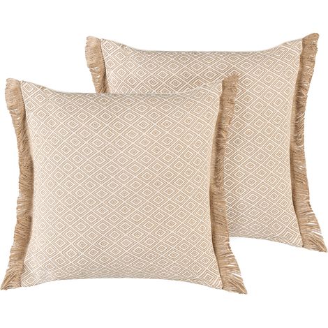 Conjunto de 2 cojines decorativos beige arena poliéster con flecos 45 x 45 cm accesorio para interiores escandinavo boho Lonar