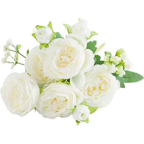 Bouquet de pivoines artificielles, romantique et éclatant, 6 cm de diamètre, attrayant, décoratif et léger, pivoine blanche (1/5)