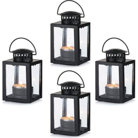 Candle Lanterns Garden Lanterns, 4 Pieces Hanging Small Tea Light Lanterns, Black Candle Holders for Indoor Outdoor Events