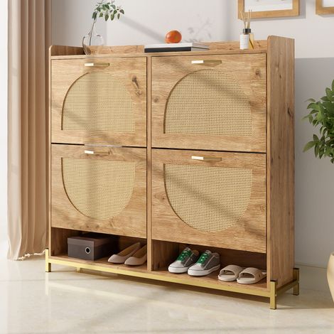 Élégante armoire à chaussures en bois avec portes en rotin – 4 portes,cadre métallique et étagère supérieure pour un rangement élégant et dégagé.-Mi