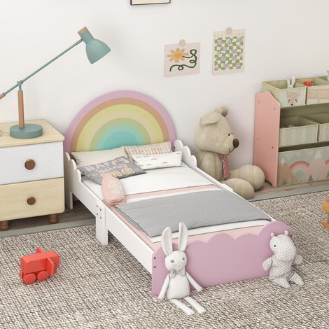 Cuna infantil para niños de 3 a 6 años con barandillas laterales anticaída, cama infantil de MDF y paneles multicapa, 143x74x66 cm, blanco y rosa.