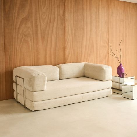 Canapé vintage convertible 3 places en velours côtelé et armatures chromées L 200 x P 100 x H 72cm - Seventies Velours côtelé Blanc cassé