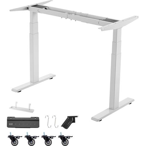 Pied Bureau Assis Debout Double Moteur, Cadre Bureau Assis Debout Électrique Réglable en Hauteur 60-125 cm pour Maison et Poste de travail, avec 3 Mémoires, Longueur Extensible 100-180 cm, Blanc (1/5)
