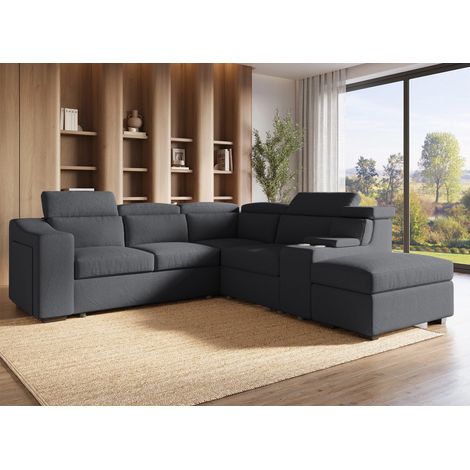 Deco In Paris – Canapé d'angle convertible en tissu gris foncé – Grand coffre de rangement – Dimensions 257x101x100 cm – Couchage 127x198 cm (1/5)
