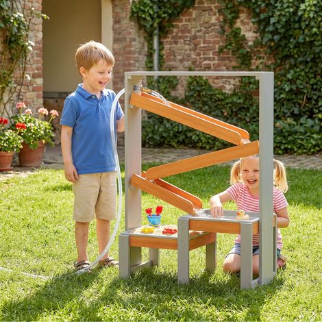 Table de jeux d'eau et de sable, table d'eau en bois, table de boue avec parcours d'eau, 2 bassins, table bac à sable pour enfants de 3 à 8 ans, grise (1/5)