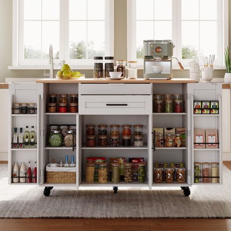 Isla de cocina móvil 136x70x92 cm blanco/natural con encimera extensible, cajones y gran almacenaje (1/5)
