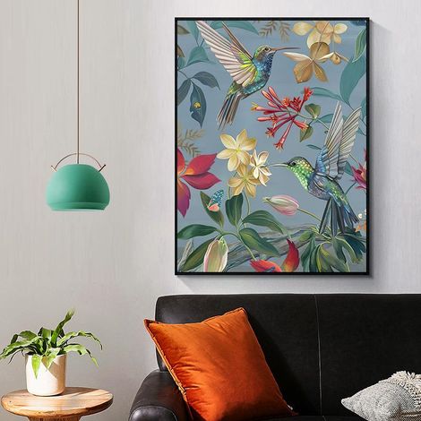 Lot de 2 tableaux toile (30x40cm) sans cadre, décor mural oiseaux fleurs plantes, style abstrait pour salon chambre véranda, art mural intérieur à suspendre (1/5)