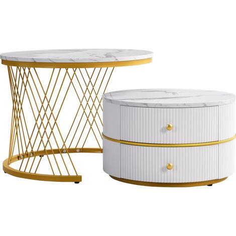 Set de 2 tables basses rondes blanches avec finition brillante effet marbre et 2 tiroirs, 60x60x46 cm & 50x50x30,8 cm (1/5)