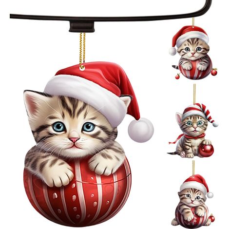 Ornement Chat Pendentif 2D Festif Mignon en Acrylique Décoration pour sapin de Noël chat avec chapeau de Père Noël Pour maison vacances voiture sac à dos fenêtre porte jardin (1/5)