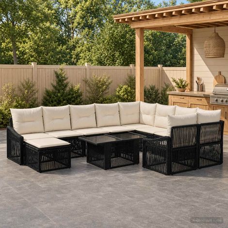 vidaXL Set Divano da Giardino 11 pz Nero e Bianco Crema polyrattan (1/5)