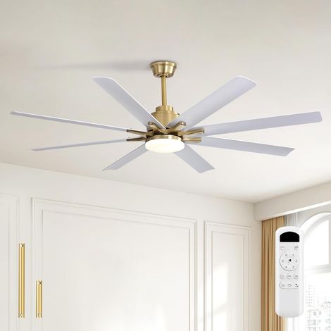Sofucor Ventilateur de plafond 132 cm avec éclairage – Moderne, avec télécommande, moteur DC réversible et 8 pales en ABS – Doré