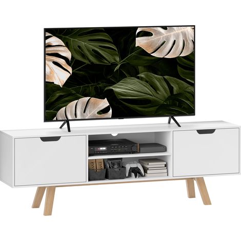 Mobile TV, supporto per TV fino a 65 pollici, mobile basso con 2 ante e 2 ripiani, mobile TV per soggiorno, 150 x 39 x 50 cm, bianco.