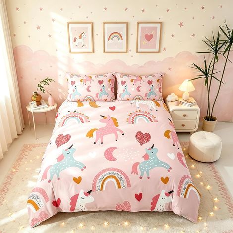 Parure De Lit Enfant Licorne Filles 140 x 200 Parure De Lit Arc en Ciel Adolescent Bébé Rose Housse Couette Femme Mignon Licorne Chevaux avec 1 Taie d'oreiller Beau Motif