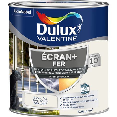 ECRAN+ FER BRILLANT - Peinture pour fer intérieur/extérieur - Grilles, portails, volets, ferroneries, mobiliers de jardin - Blanc Pur 0,5 L - Dulux Valentine