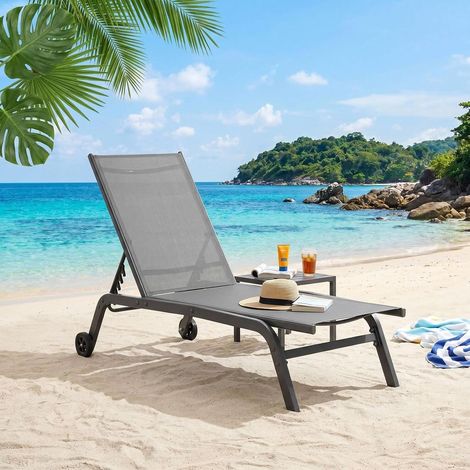 Lot de 1 Transats de Soleil,Chaise Longue de Jardin avec Roulettes,Dossier Réglable en 5 Positions,pour Piscine Balcon,Gris