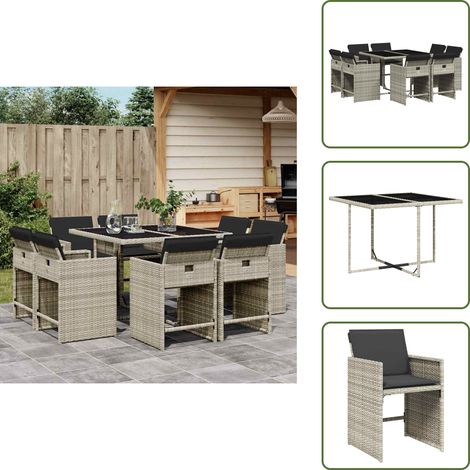 Mesa de jardín - vidaXL Set comedor de jardín 9 pzas cojines ratán sintético gris claro - Ratán sintético