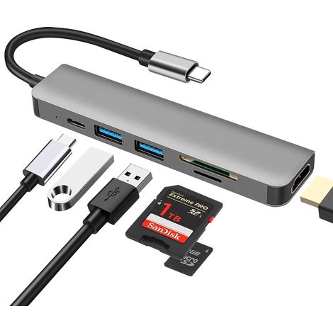 Hub USB C, adaptateur multiport 6 en 1 de type C avec HDMI 4K, lecteur de cartes SD/TF, ports USB 3.0 et USB 2.0, port PD 100 W, compatible avec MacB