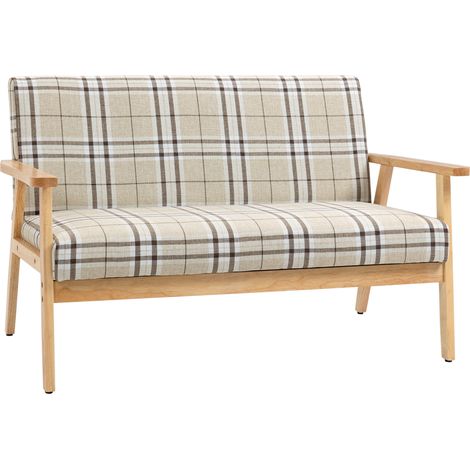 HOMCOM Two Seater Sofa with Rubber Wood Frame Linen Fabric Small Couch Beige (1/5)