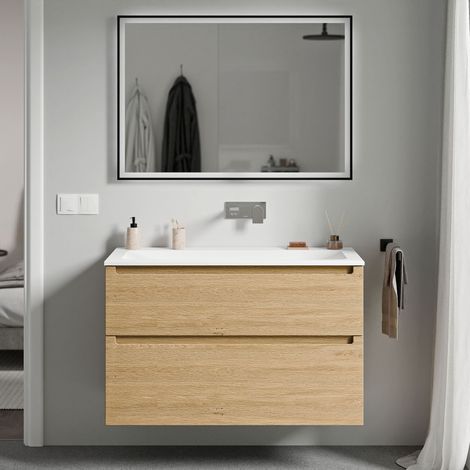 BERNSTEIN - Mobile lavabo sospeso MDF rovere miele, lavello Ghisa bianco opaco senza foro rubinetto, cassetti girevoli - 80x46x62cm - VIREO	Rovere Miele Oro, Bianco opaco senza foro rubinetto
