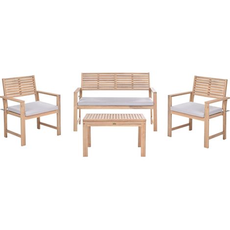 Garden Lounge Set Grey Certified Acacia Wood Fabric 4 Seater with Coffee Table Sofa 2 Chairs Removable Cover Cushions Water and UV Resistant FIAMES