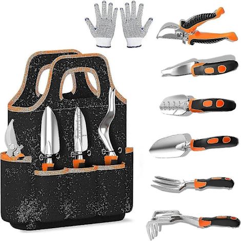 Ensemble de 8 outils de jardin, outils à main robustes en acier inoxydable avec poignées en caoutchouc antidérapantes et sac de rangement pour le jardinage extérieur. (1/4)