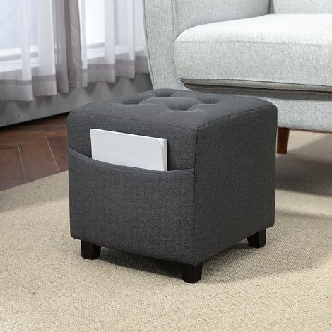 Repose pied salon, ottoman, siège rembourré capitonné en tissu aspect lin avec poche latérale, 35 x 35 x 35 cm, gris (1/5)