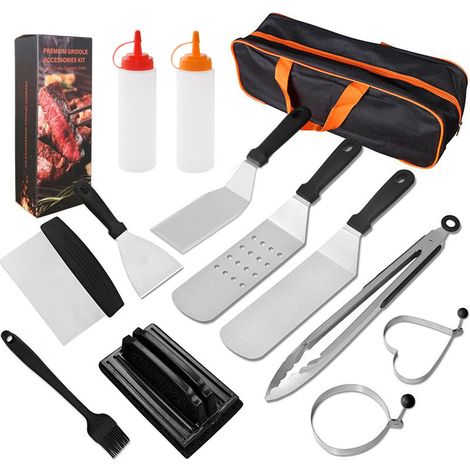 d’accessoires 13 pièces pour grill, ensemble d’accessoires barbecue à table plate pour les chefs Blackstone et de camp, ensemble de spatules barbecue avec spatule grossissante, couvercle de cuisson,
