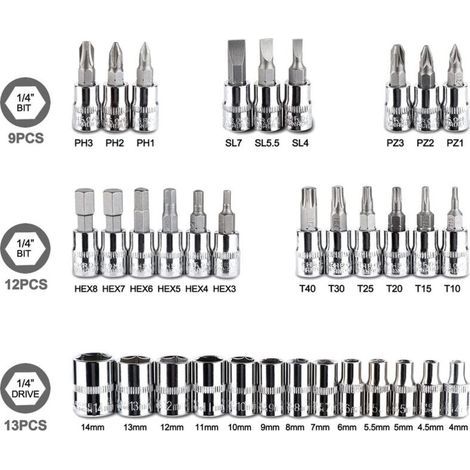 46 pièces Coffret d'outils universel douilles et accessoires 1/4, Ratchet Torque Wrench Wrench Screwdriver Socket Combination Tool Kit (1/4)