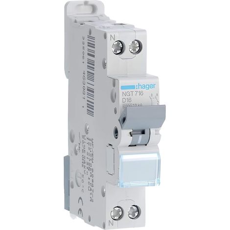 Hager – Disjoncteur unipolaire 16A – Courbe D – Pouvoir de coupure 10kA – Bornes décalées à vis – 1 module – 220V