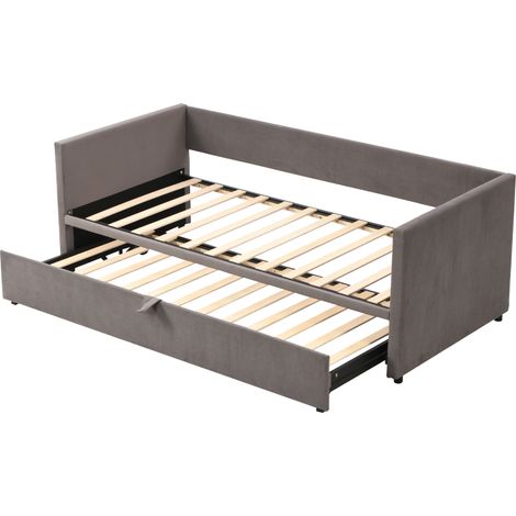 Ausziehbares Schlafsofa 90 x 200 cm, erweiterbar auf 180 x 200 cm, mit Lattenrost, grauer Samt (1/5)