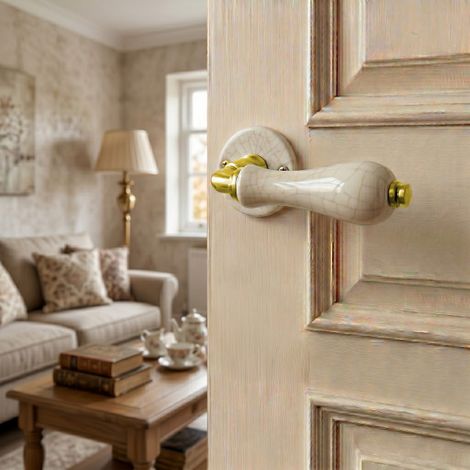 Ouvre&Déco – 2 poignées de porte LIZON sans trou porte pièce à vivre, Rosace ronde, Design Classique Chic, Porcelaine craquelé, Coude aspect or