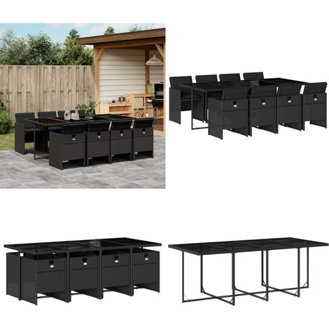 Set de comedor de jardín 9 pzas y cojines ratán sintético negro - Sillas de jardín - Cojines para sillas
