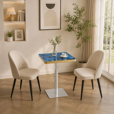 Table à manger carrée 60x60 cm, plateau à texture imitation marbre résistant aux UV, structure métal argent, plateau bleu (1/5)