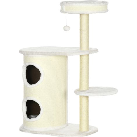 Arbre à chat griffoir 1 panier jouets 59x35x100 cm blanc crème (1/5)
