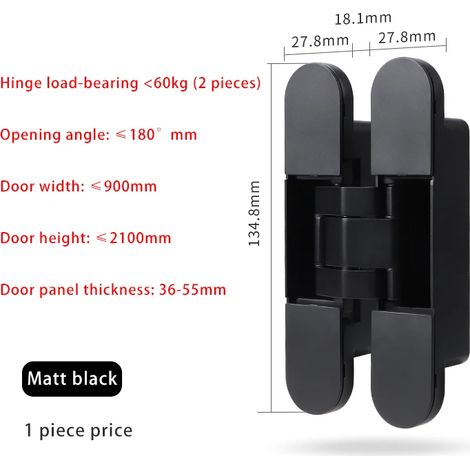 Charnière invisible tridimensionnelle réglable (noir mat) pour porte pliante en bois, charnière en croix invisible à 180 degrés (1/5)