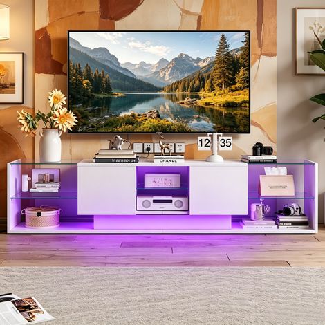 JOOKGBD-TV-Möbel 200x35x45 cm mit LED-Beleuchtung, Fernsehschrank in Hochglanz,2 Schubladen und Glasablagen,Lowboard für Fernseher bis 75 Zoll,für Wohnzimmer Schlafzimmer,Weiß