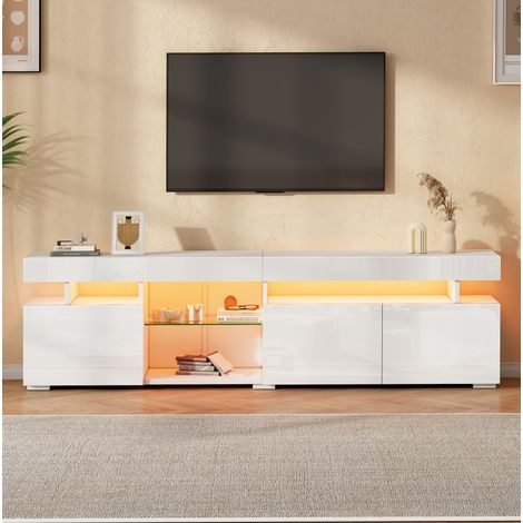 TV-Lowboard 180x35x45 cm Weiß aus Spanplatte mit Hochglanzfront, LED-Beleuchtung und 3 Türen (1/5)
