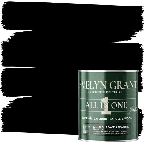 EVELYN GRANT All-IN-ONE Paint & Primer - Multi-Surface Paint For Interior Walls, Outdoor Garden & Exterior Walls, Wood Furniture - High Durability Multi-Feature - Midnight Black - 0.5L - Satin