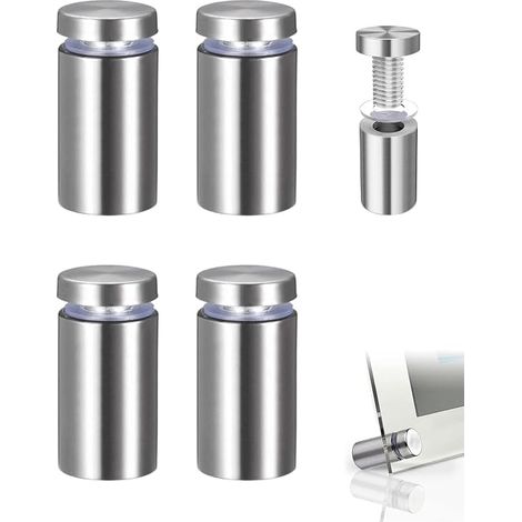 Separadores de vidrio plateados de 4 piezas, soportes espaciadores atornillables para montaje y fijación de vidrio, acero inoxidable (12 × 25 mm) (1/5)