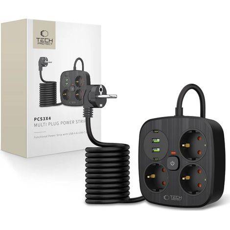 Multipresa Tech-Protect PCS3X4, 3 prese, 2xUSB-A, 2xUSB-C, 200 cm - nera