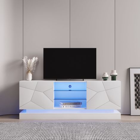 DESMIU Meuble TV 160 cm avec 2 compartiments, étagères réglables, portes, pour salon, en bois d'ingénierie, blanc (1/3)