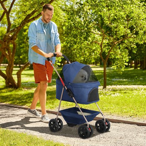 Poussette pour chiens 3 en 1 pliable avec sac de transport et panier inférieur, bleu (1/5)