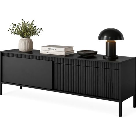 Tv-Lowboard Kameza, ein Regal, 2 Türen, Türen mit Rillen-Effekt, 154x40x53h cm Schwarz